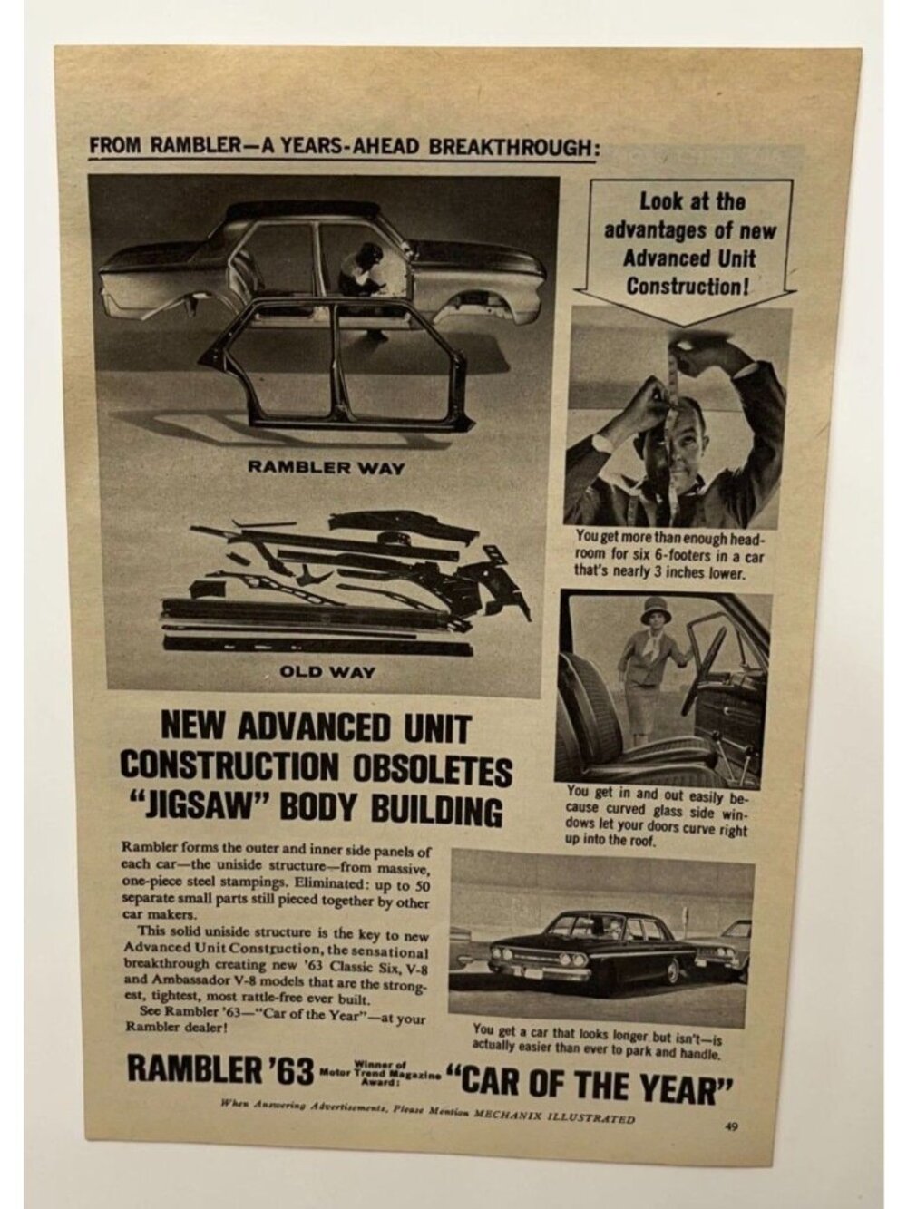 AMC Rambler 1963 Vintage Print Ad 1960s Car of the Year Classic V-8